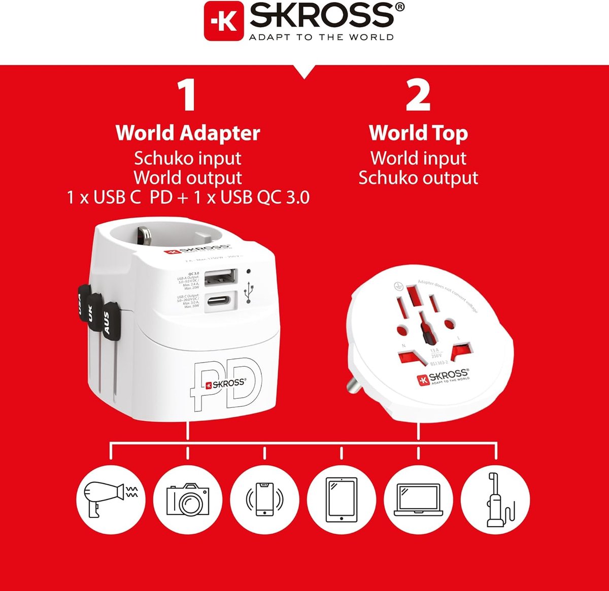 SnelShoppen - Wereld Reisadapter SKROSS PRO Light USB AC30PD - Compacte Reisstekker met Dubbele USB Poort en AC Stekker voor Wereldwijd Gebruik in Mee — cadeau in Gadgets - foto 5