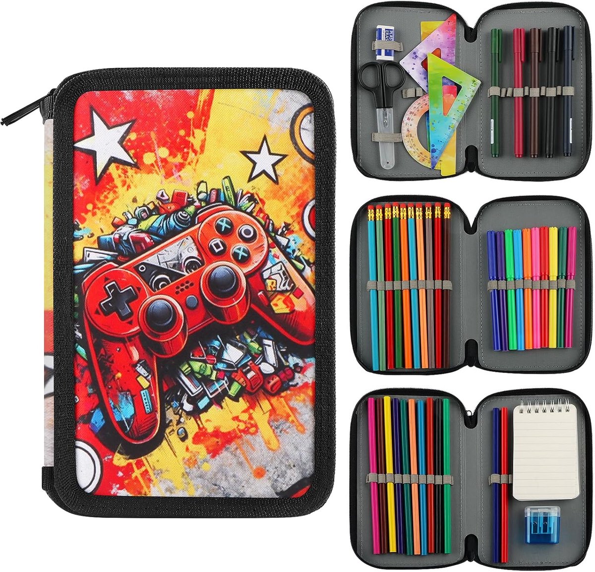 Pennenetui set 3 vakken - gaming design - rode gamecontroller - voor school en hobby - ShopVlot