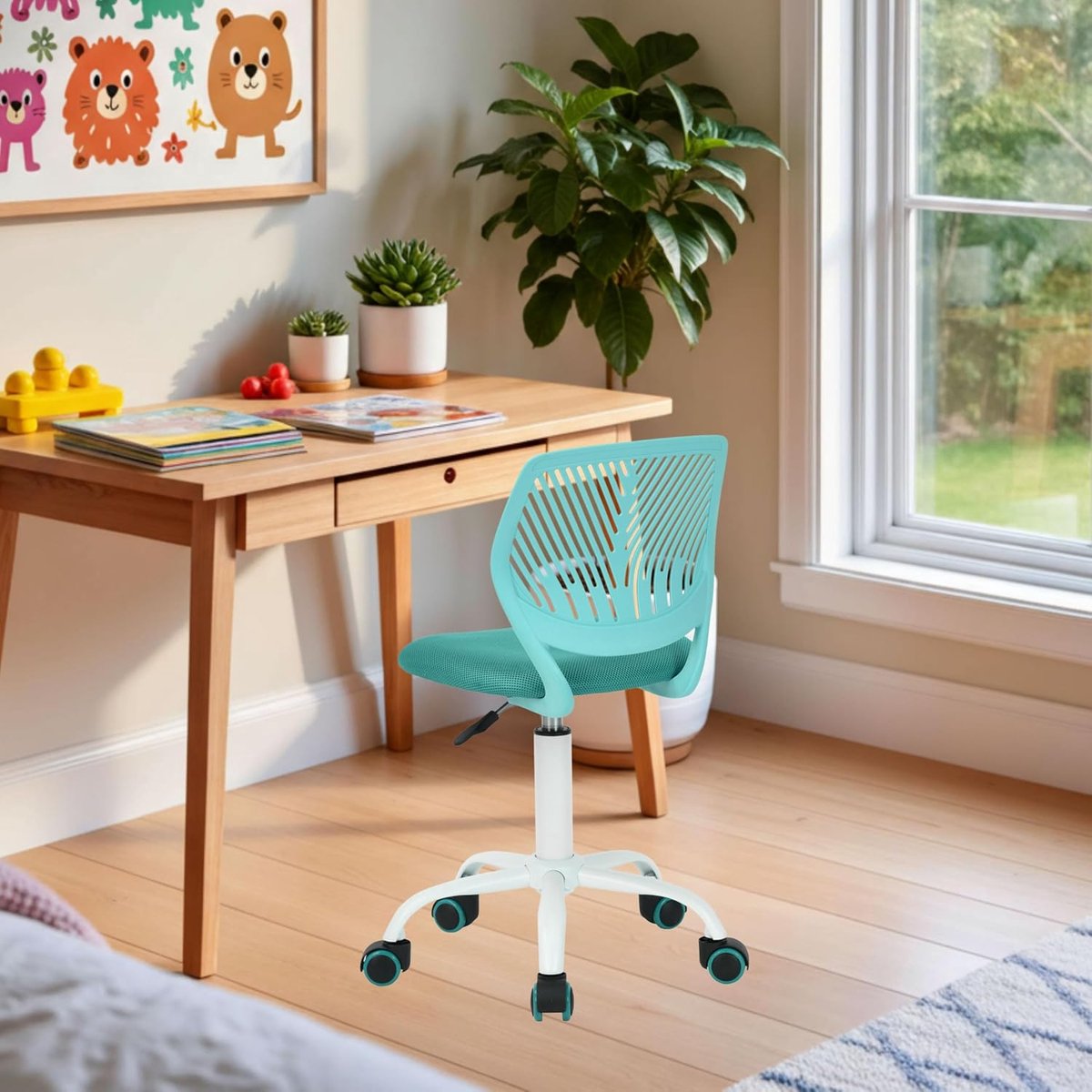 SnelShoppen - Ergonomische Kinderstoel in Hoogte Verstelbaar voor Bureau, Kleurrijke Jeugdstoel met Rugleuning, Armleuningen en Draaistoel met 5 Wiele