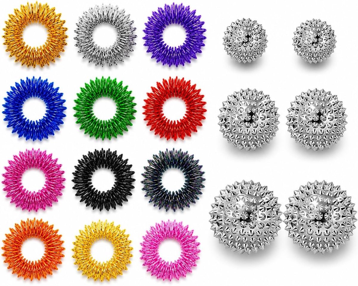 SnelShoppen - 52 stuks Vingermassageringenset, Sensorische Vingerringen in 8 Kleuren, Anti-Stress Acupressuurringen van Roestvrij Staal voor Stressver