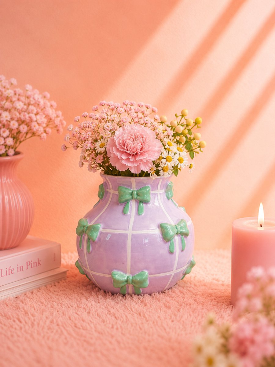 Strikjes Bloemenvaas | Viva Femme | Vaas | Decoratie | Cadeau | Wonen | Bloemen | Liefde | Lila met mintgroene strikjes | Pastelkleur | Moederdag