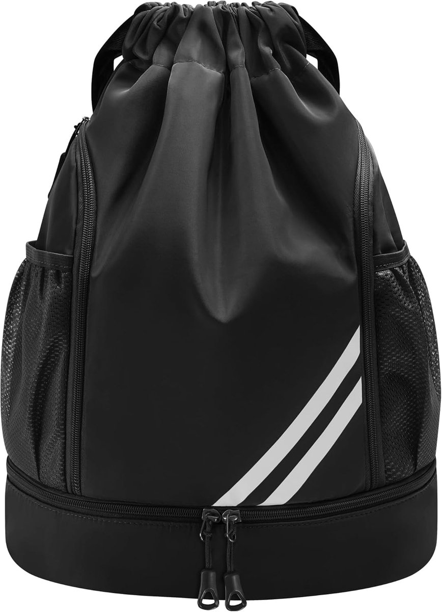 SnelShoppen - Gymtas voor jongens, dames, heren en kinderen, waterdichte sporttas met trekkoord, zwart, L, met schoenenvak voor basketbal, voetbal, yo
