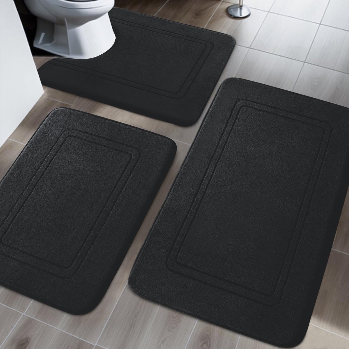 SnelShoppen - 3-delig Badkamertapijt Set, Zachte Badmat van Traagschuim, U-vormige WC-mat, Antislip, Wasbaar, Zwart, Ideaal voor Badkamer en Toilet