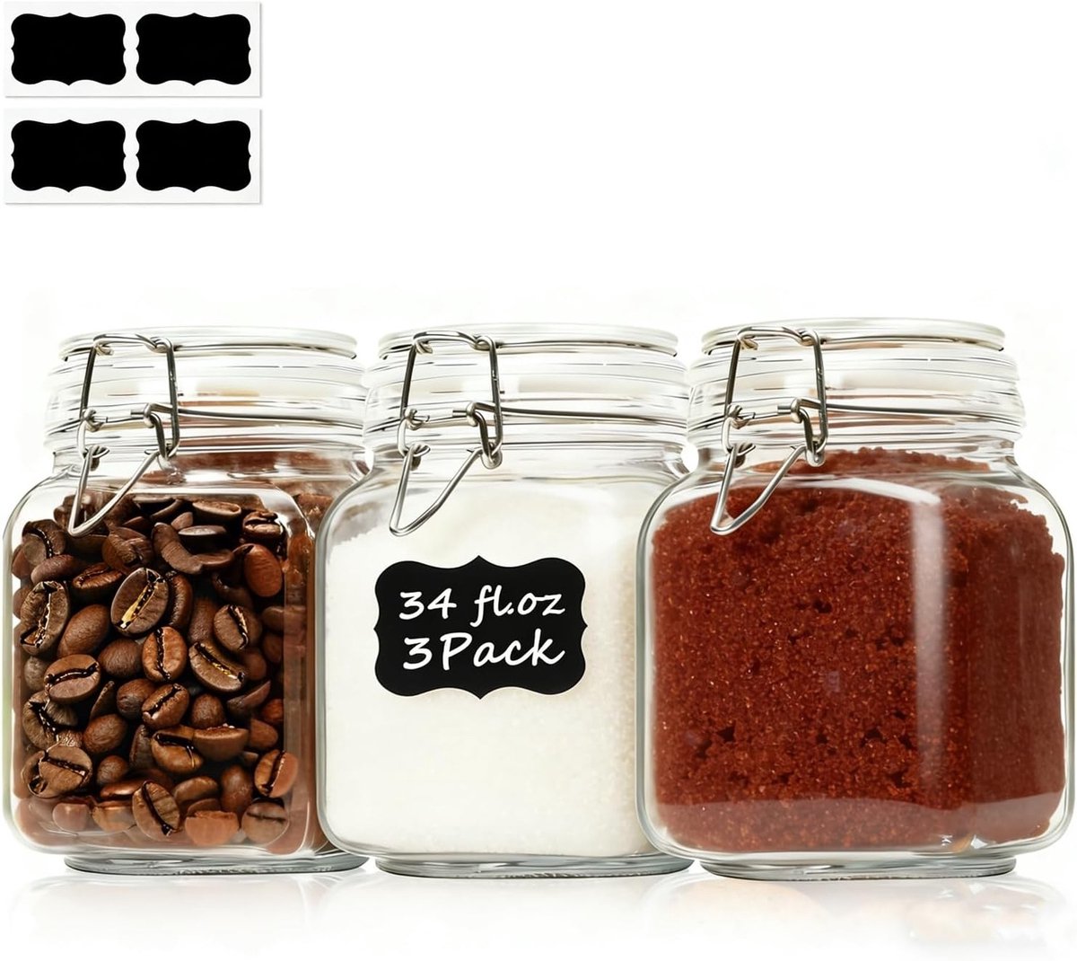 Luchtdichte Glazen Potten 1000ml met Klemdeksel - Set van 3, Ideaal voor Keukenopslag van Muesli, Suiker en Specerijen, Perfect voor Koffie, Thee en Organisatie in Kleine Ruimtes