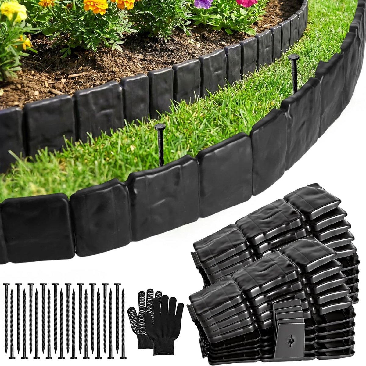SnelShoppen - Rasenkante Kunststof, Beeteinfassung Beetumranding voor Tuin, Mähkante voor Bloemenbed, Verdikt Klein Tuinhek in Steenlook, 5 m, Zwart