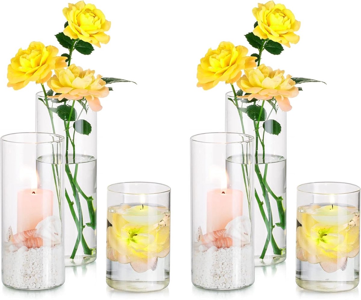 SnelShoppen - Set van 6 Glas Cylinder Vazen - Duidelijk Glas voor Bloemen - Hurrikan Kaarsenhouder voor Pillar en Drijvende Kaarsen - 10/15/20cm - Per