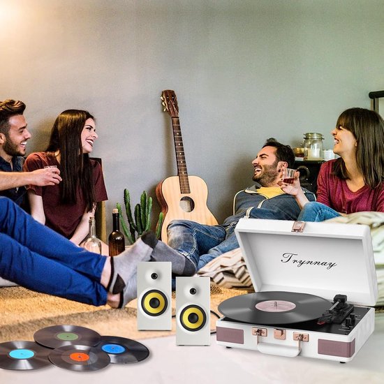 Platenspeler met Bluetooth – 3 Snelheden – Ingebouwde Speakers – Draagbare Koffer – Retro Wit — afbeelding 3