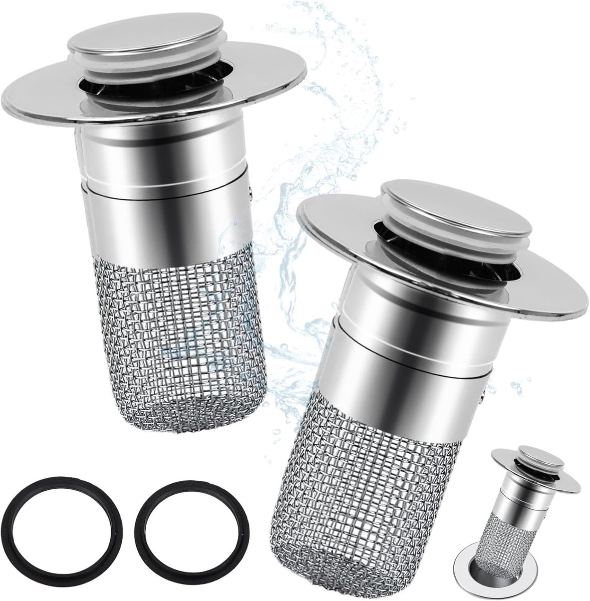 2-in-1 wastafelstopper met afvoerzeef: pop-up functie, universeel 34-40 mm, inclusief haarzeef en afvoerstopper voor wastafels in badkamer, keuken en werkblad.