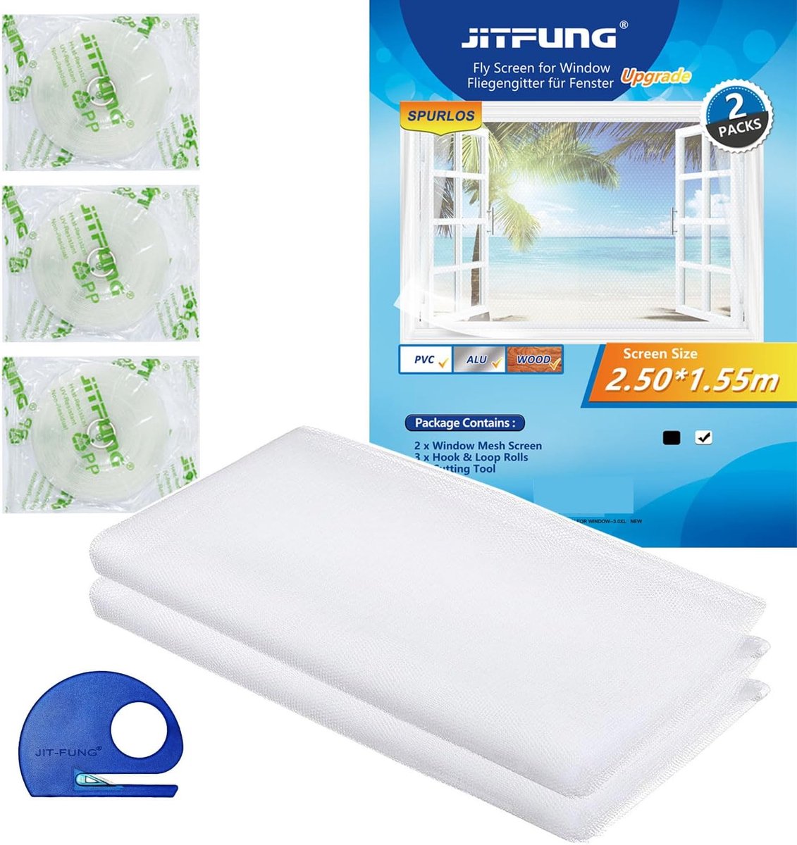 SnelShoppen - DIY Vliegenhor voor Ramen - 2 Stuks Klamboe Insectengaas 250x155 cm - Inclusief 3 Rollen Zelfklevende Haakbanden - Wit - Voor Thuis, Cam