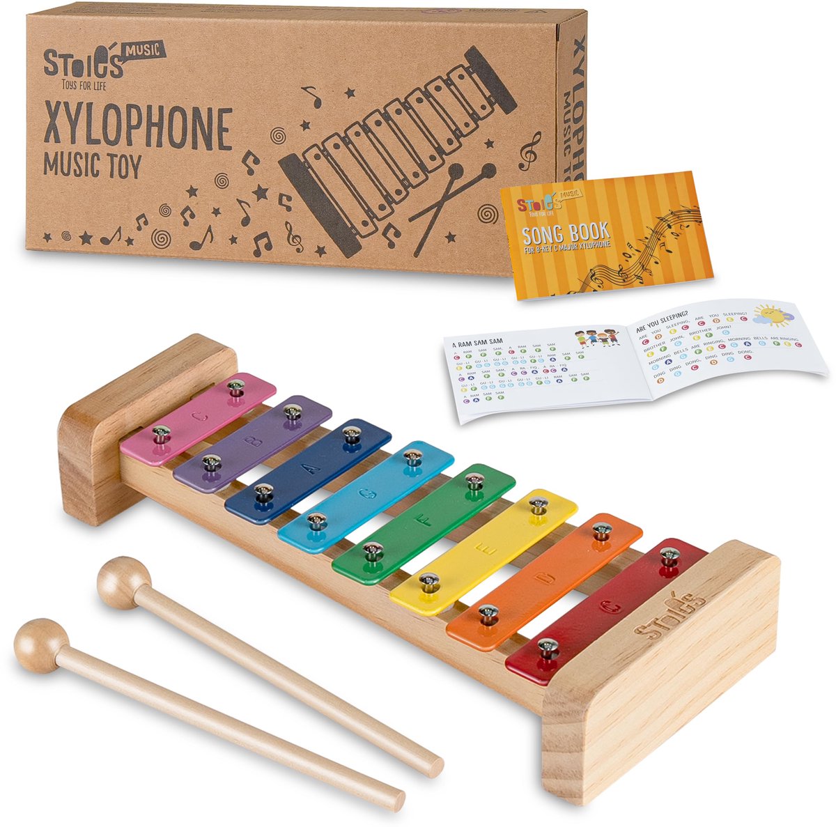 SnelShoppen - 8 Tegels Rainbow Color C-Key Xylofoon met Hamers - Houten Muziekinstrument voor Kinderen en Volwassenen - Eenvoudig te Bespelen - Perfec