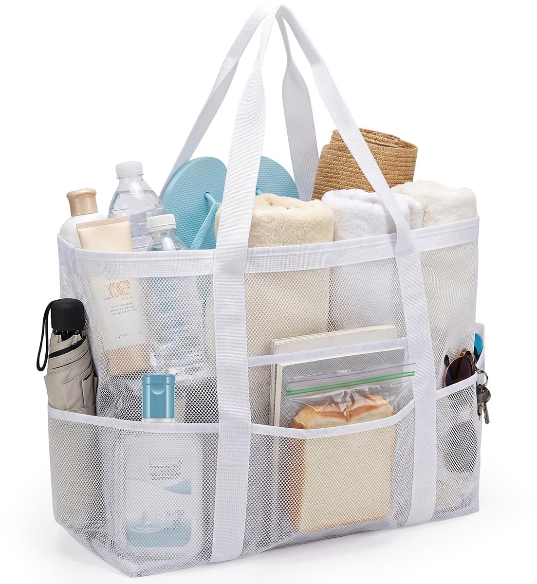 SnelShoppen - Grote strandtas XXL familie, mesh strandtas dames met ritssluiting, opvouwbaar, ademend, praktisch voor zwemmen, kamperen, winkelen, str