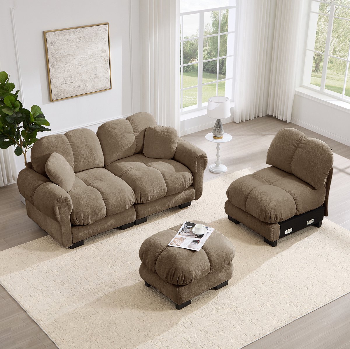 OKWISH Set 260 x 149 x 90 cm - 3-Zits L-Vormige Bank Met Verplaatsbare Ottomaan En 2 Kussens - Woonkamer - Chenille - Bruin