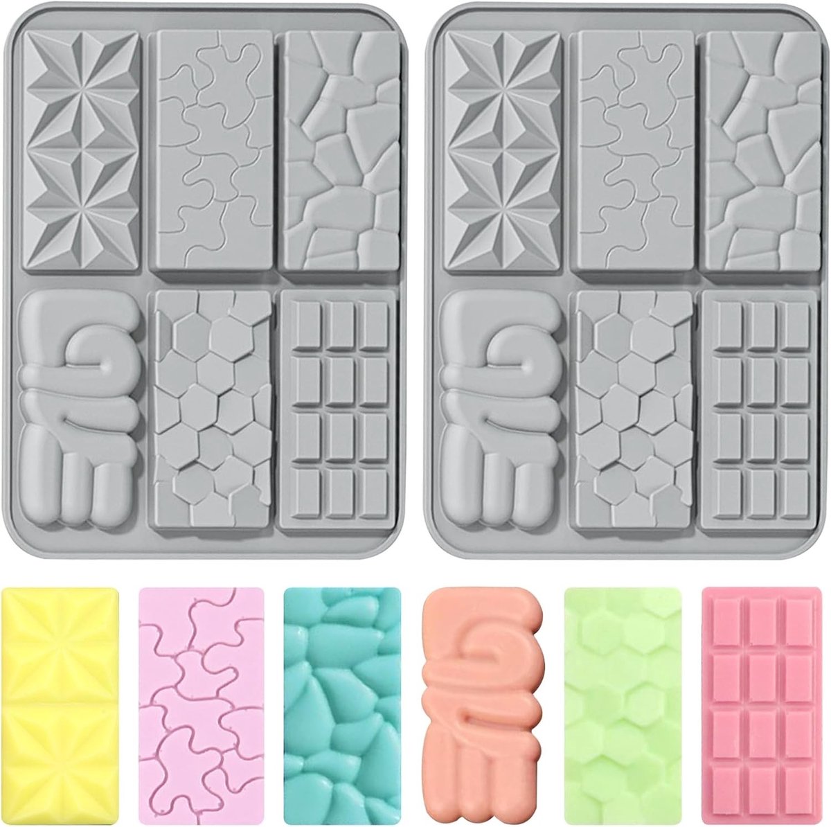 Chocoladevormset van siliconen met 6 geometrische patronen, perfect voor bakken en decoreren, 20,2 x 15,2 cm, 2 stuks, grijs