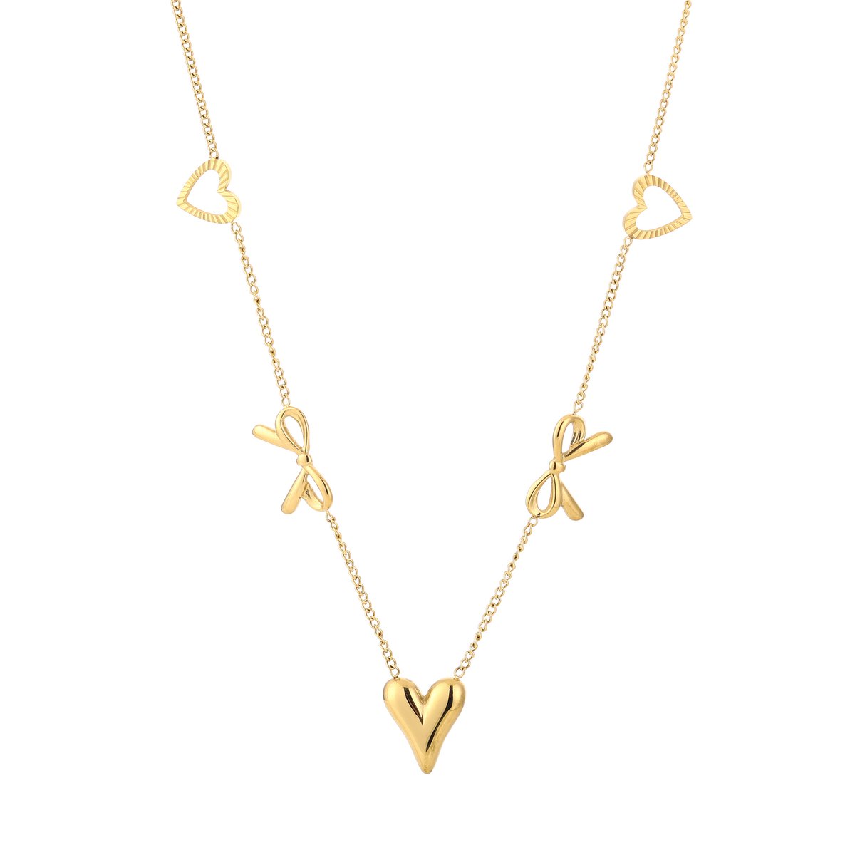 Dames Ketting met Hartjes en Strikjes - Speelse Schakelketting - Bedelketting - Stainless Steel / RVS - 40 cm (+5 cm)