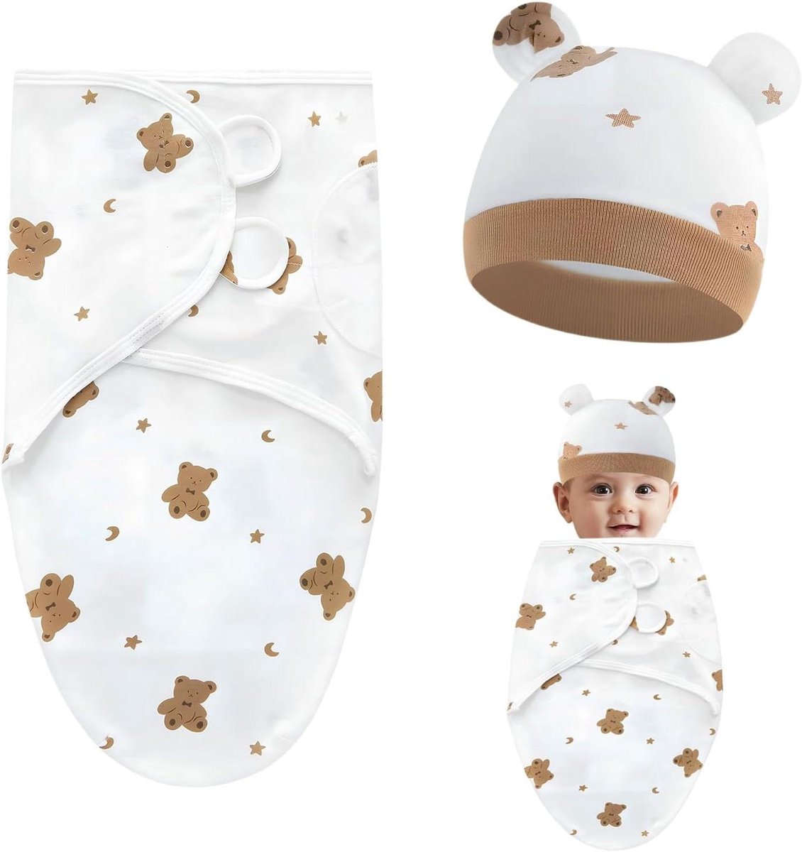 Wikkeldeken Baby - Inbakerdoek Slaapzak - Baby Slaapcomfort - Huidvriendelijk Katoen - 73 x 50 cm - Bruine Beer
