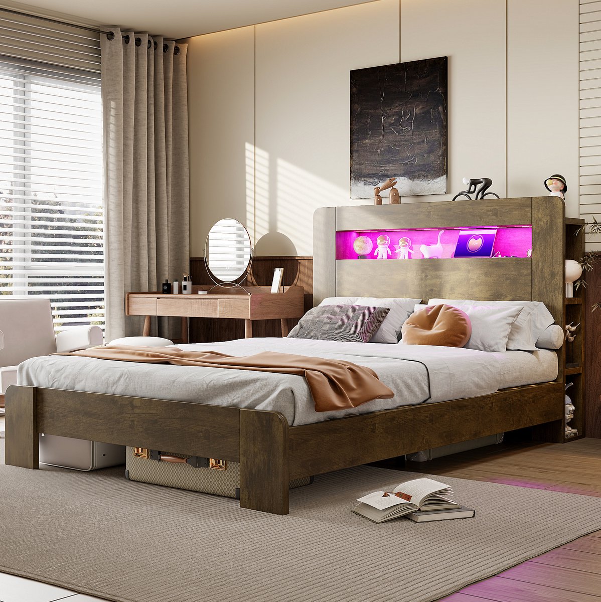 DESMIU Houten Bedframe 140 x 200 cm - Multifunctioneel Bed Met Opbergruimte In Hoofdeinde - Led Verlichting En Stopcontacten - Tweepersoons - Vintage Hout - Zonder Matras Wood