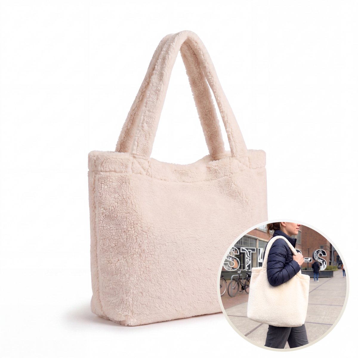 Funnies Shopper - Teddy - Off White - Grote Luiertas Shopper - Zachte Teddy Tas - Mom Bag voor Babyspullen, Boodschappen & Dagelijks Gebruik