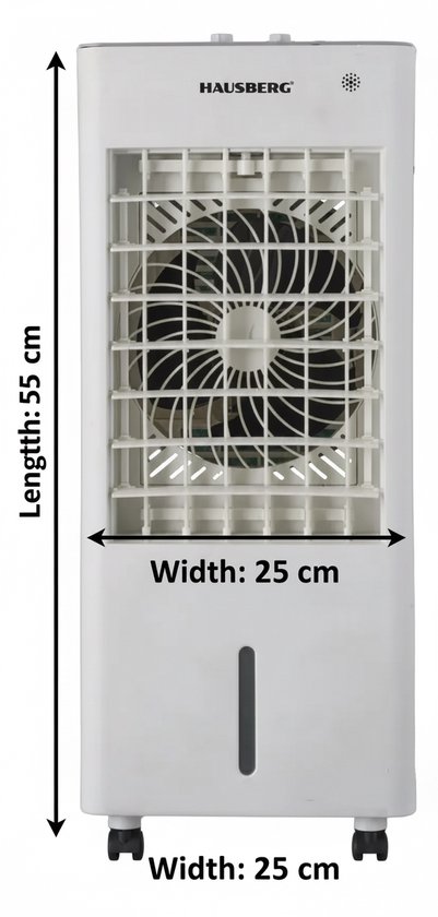 Witte HAUSBERG aircooler met wieltjes, breedte 25 cm, lengte 55 cm.