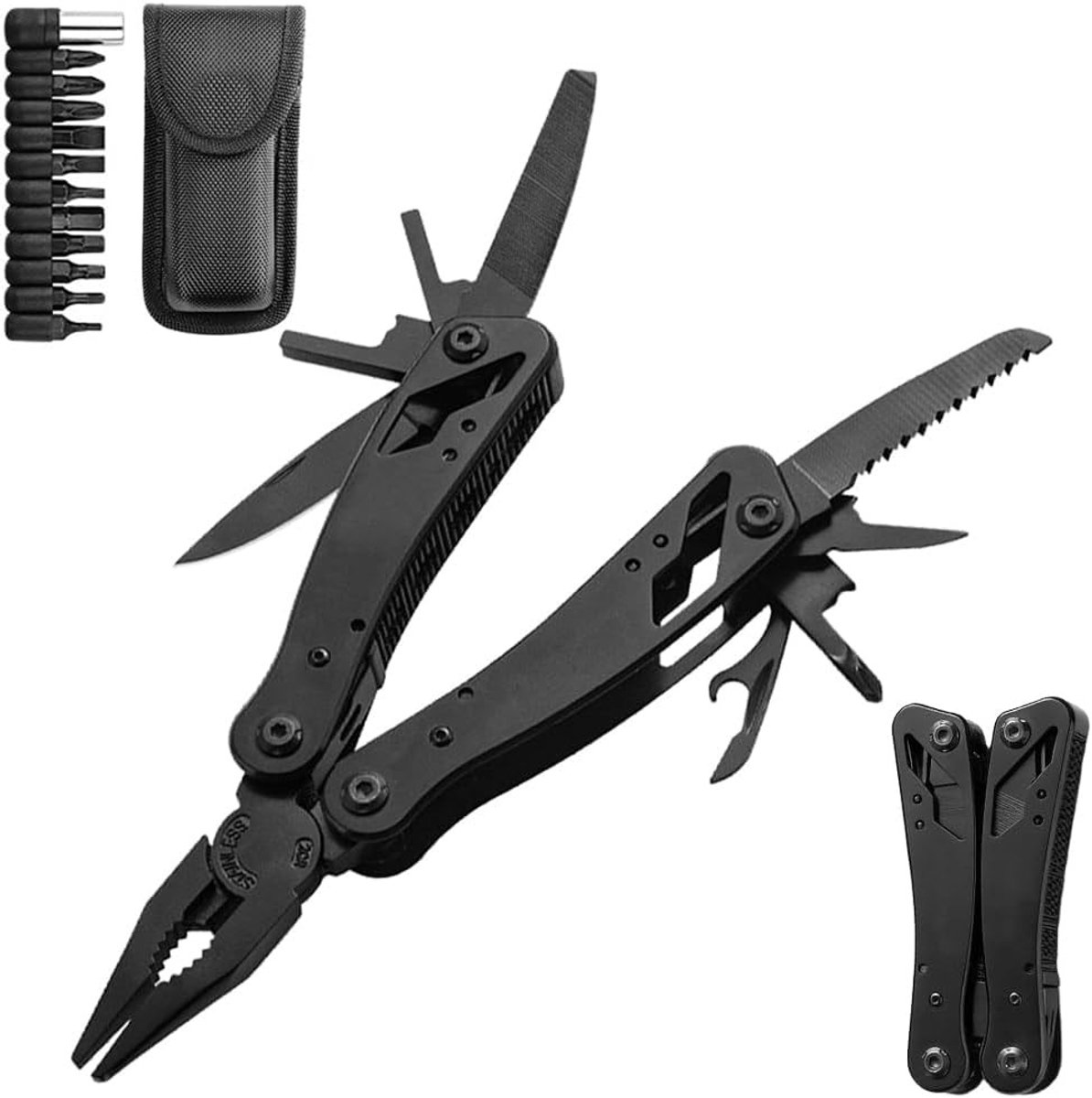 Multifunctionele RVS Tang met 11 Schroevendraaier Bits en Nylon Hoesje voor Buitenwerk, Camping en Reparaties, Perfect als Cadeau voor Mannen