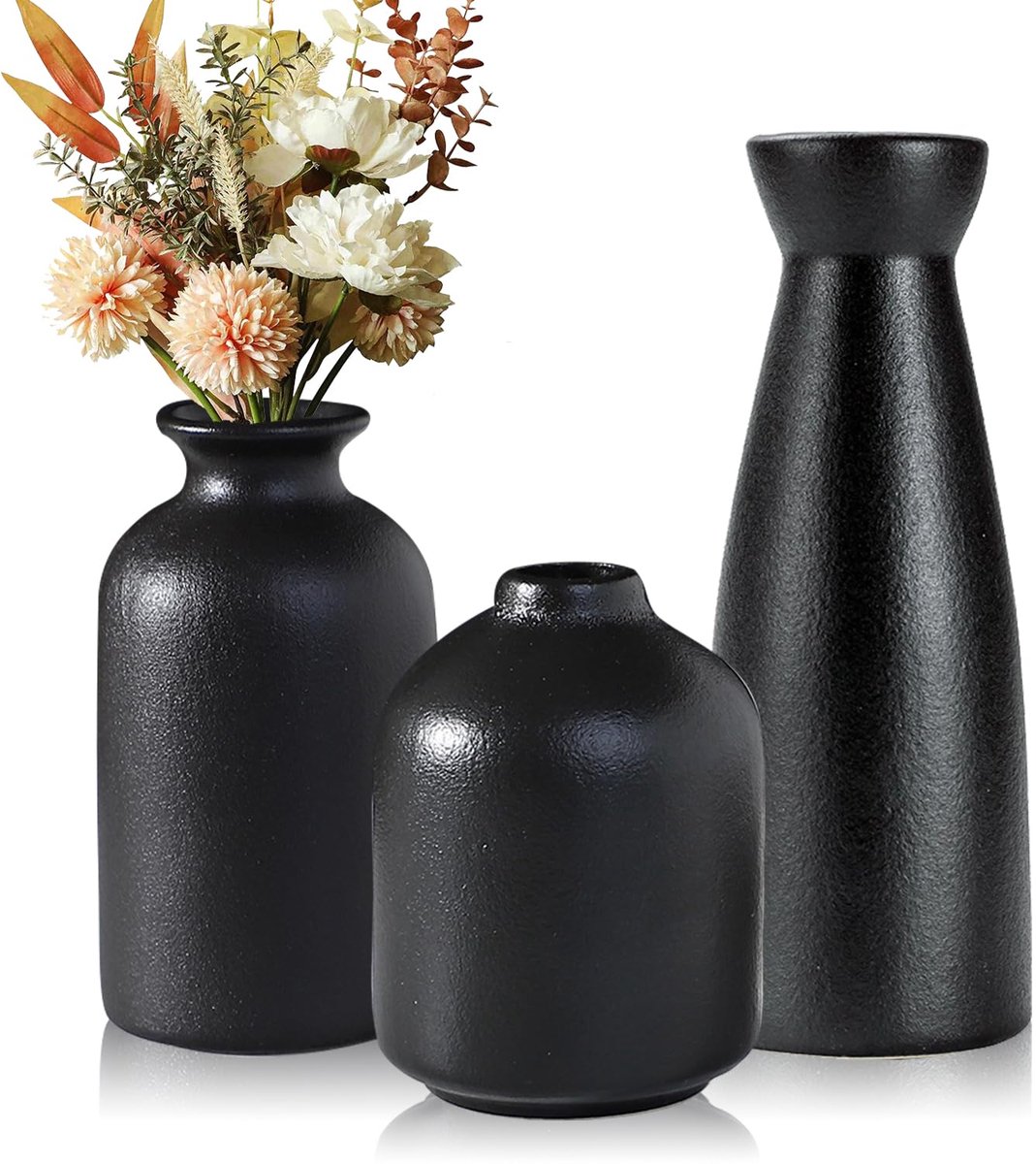 SnelShoppen - Set van 3 Boho Keramische Vazen, Moderne Zwarte Bloemenvaas voor Pampasgras, Klein voor Woonkamer, Tafel, Vensterbank Decoratie, Zwart-B