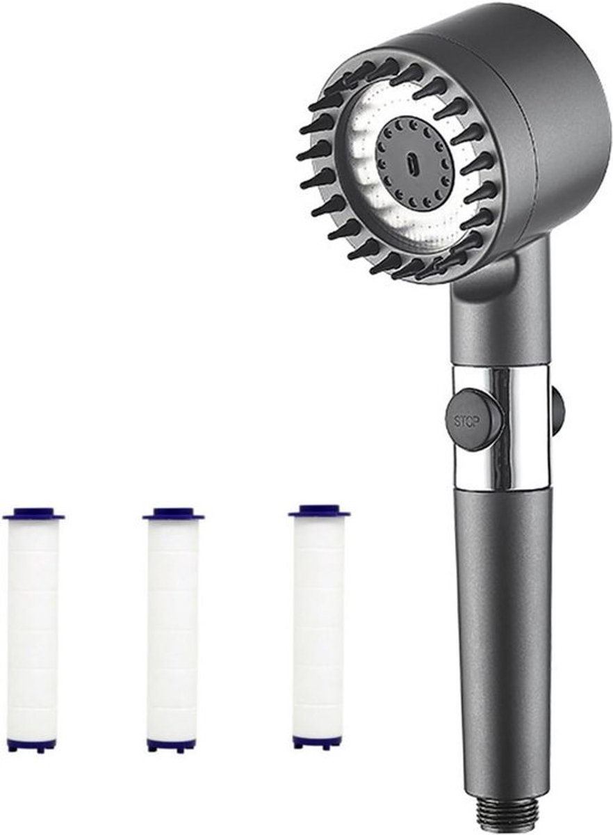 Hoogdruk Douchestraal met Filter, Inclusief 3 Vervangbare Patronen, Waterbesparende Massage Handdouche met 3 + 1 Stralensoorten en Stopfunctie voor een Luxe Doucheroutine