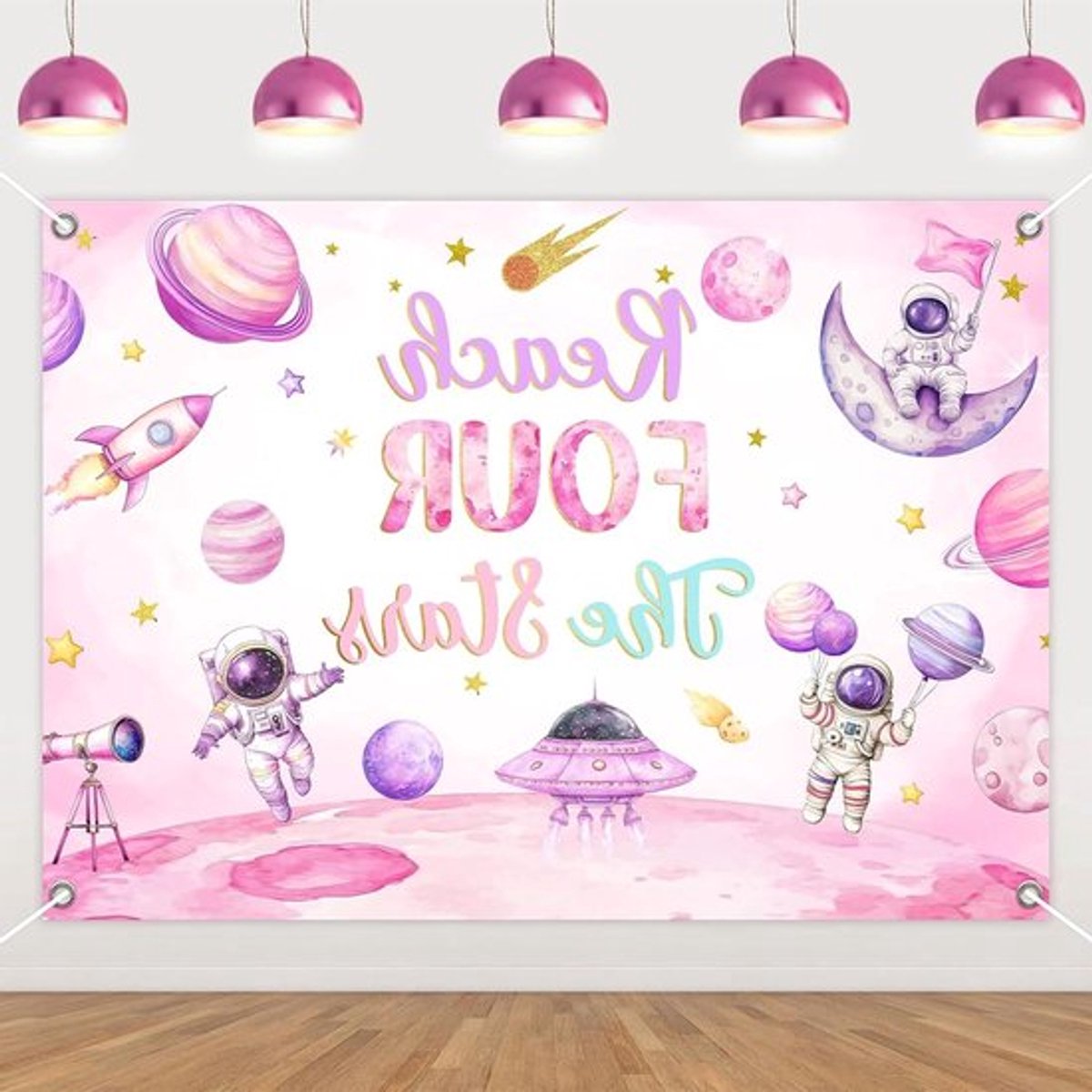 Verjaardagsfeestje decoratie meisjes 4e verjaardag - Roze galaxy thema banner 7x5ft - Buitenruimte planeten raket astronaut fotografie