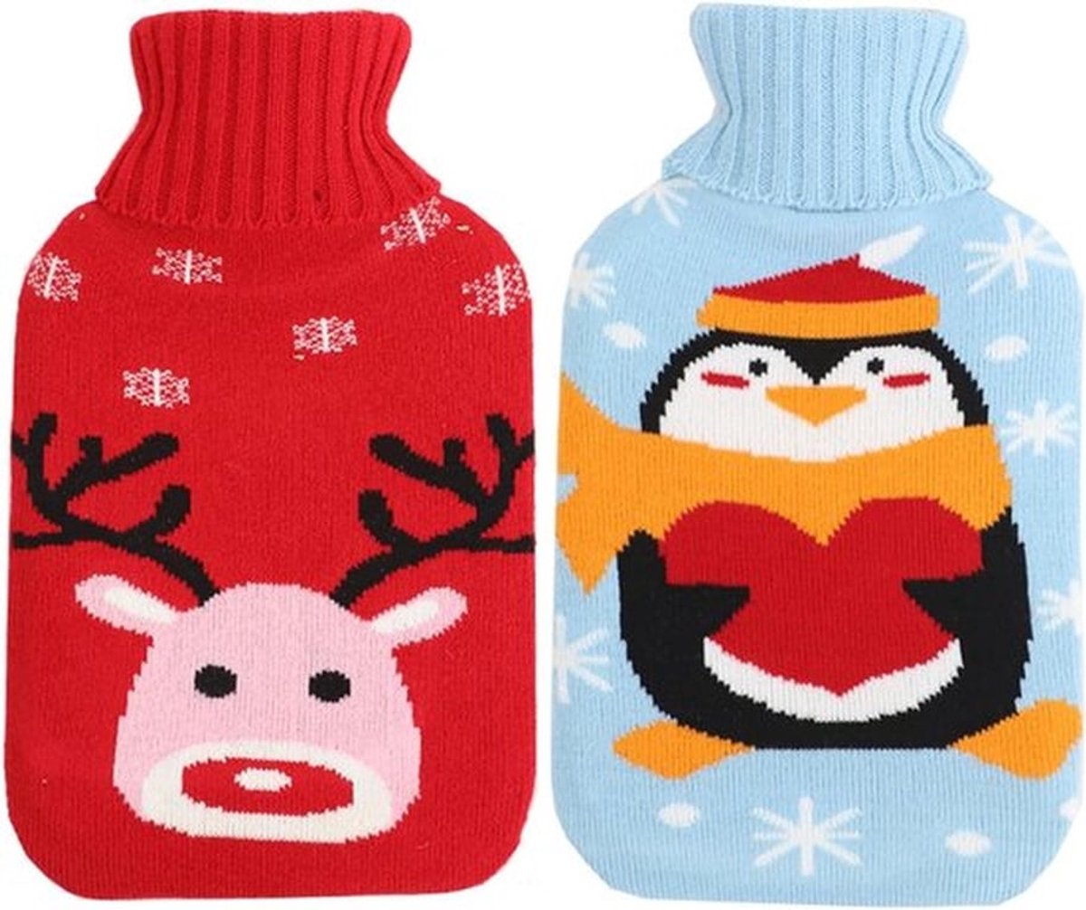 Warmwaterkruik met gebreide hoes, 1 liter, afneembare en wasbare warmtezak voor volwassenen en kinderen, ideaal voor koude dagen en ontspanning, set van 2 stuks