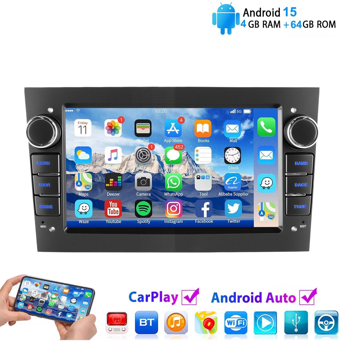 ESSGOO Android 15 Autoradio Geschikt Voor Opel Astra H Corsa C/D Meriva Zafira B - 4GB + 64GB - Draadloos Apple Carplay & Android Auto - 7-inch Touchscreen - GPS-Navigatie - Bluetooth & Wifi