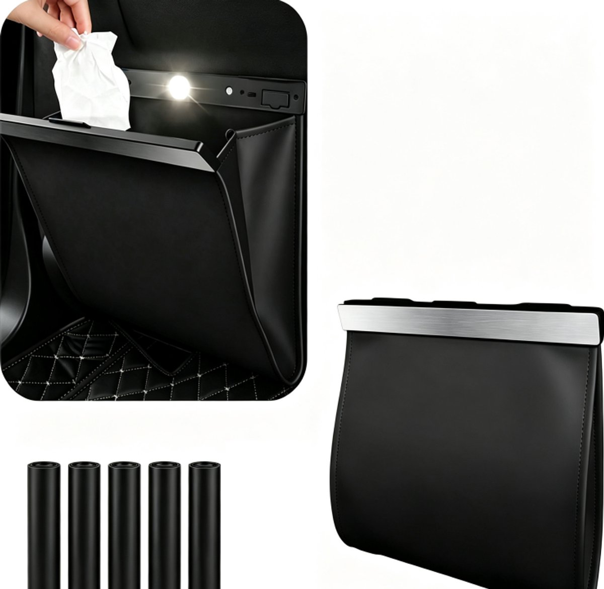 Auto Prullenbak - Auto Afvalbak - Voertuig Vuilnisbak - Met Ledverlichting en Sterke Magneetsluiting - Inclusief 5 Roll Zakken - Waterdichte en Lekvrije - Auto-Opslag - Auto Accessories Interieur - Reisgoederen - Voor Auto, Picknick, Kamperen