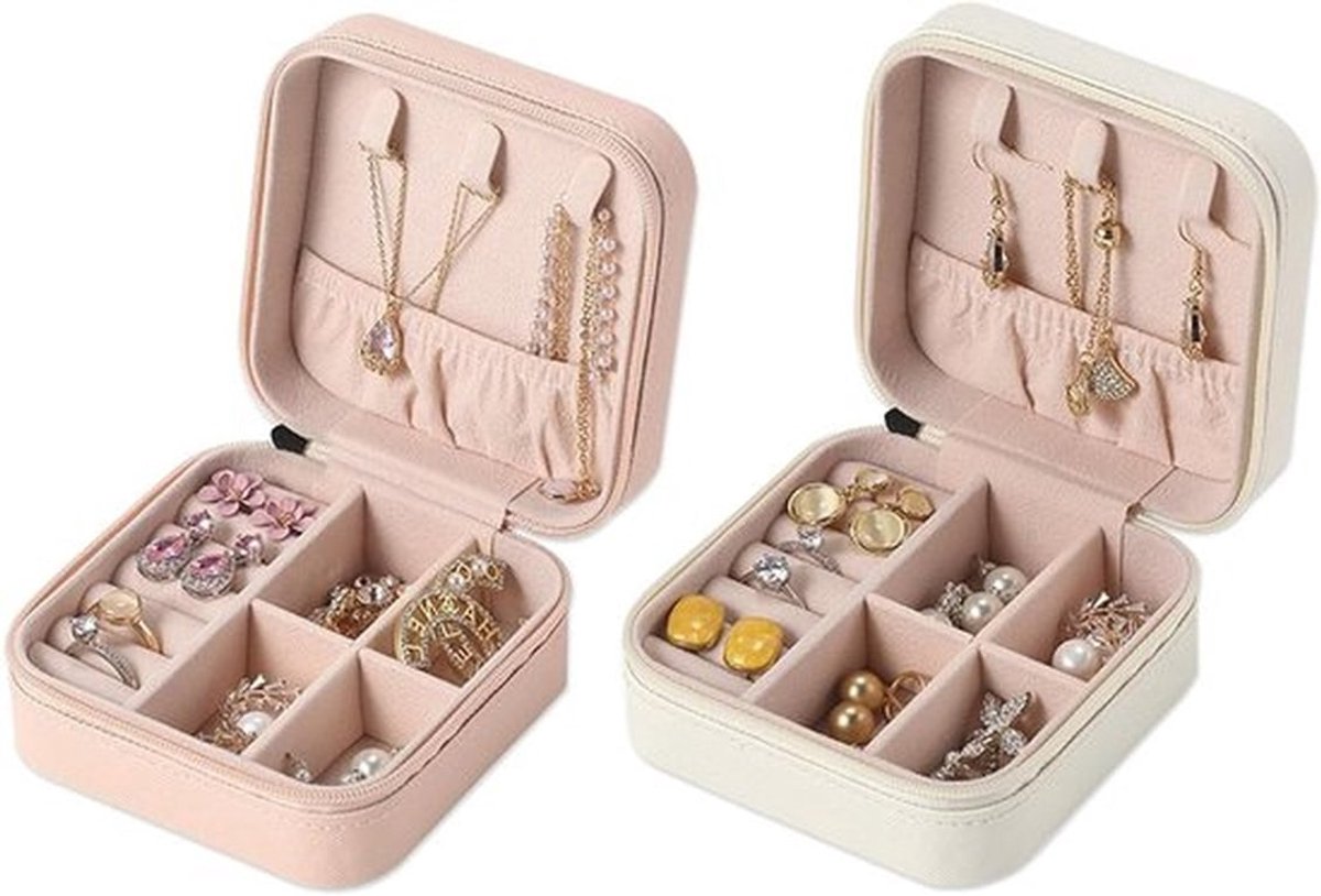 Mini Reiskosmetiekoffer voor Dames, Compacte Sieradenopberger met Rits voor Ringen, Oorbellen en Armbanden (Roze & Wit)