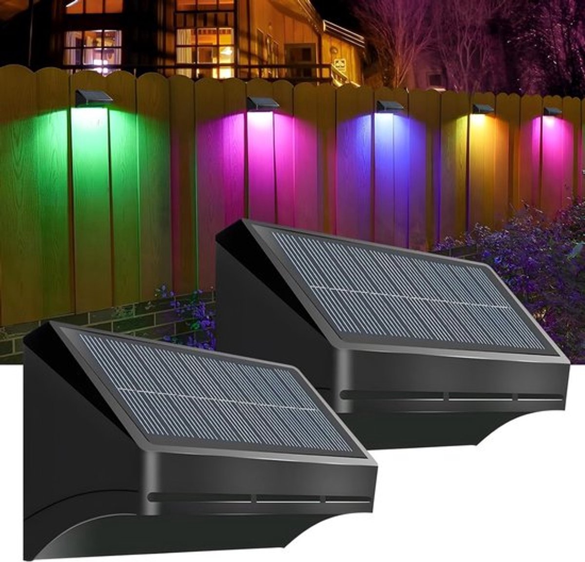 Set van 2 Waterdichte Solar Wandlampen voor Buiten met Warm Witte en Koude Witte RGB Modi voor Tuin, Patio en Trappen Decoratie