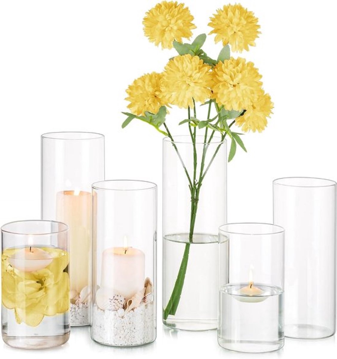 Set van 6 Moderne Glazen Cilindervazen voor Bloemen, Tulpen en Decoratie - Ideaal voor Huw