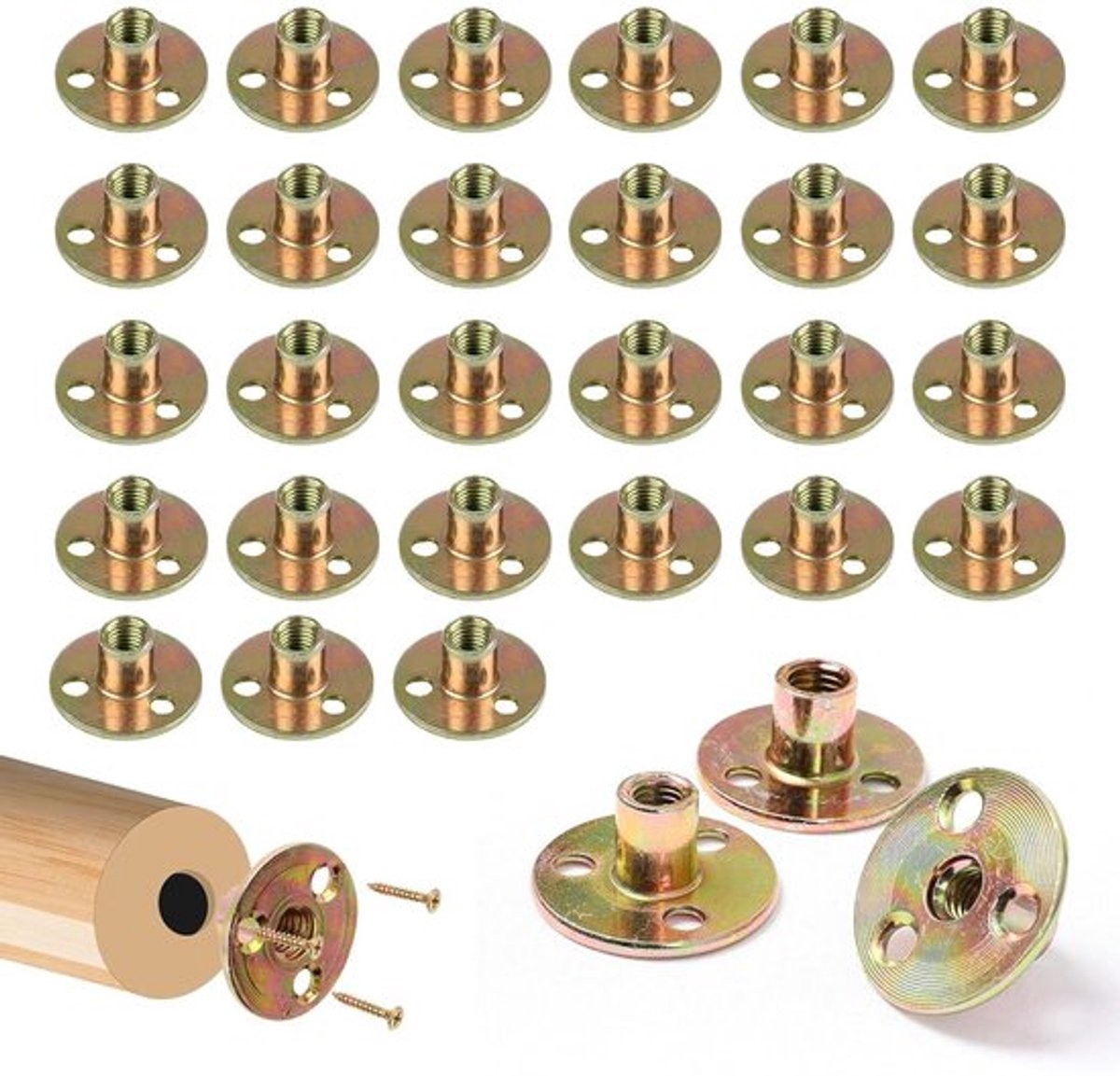 T-moeren M8 voor meubelbevestiging, 30 stuks in koolstofstaal, 3-gats flensmoer van 37x2,5mm.