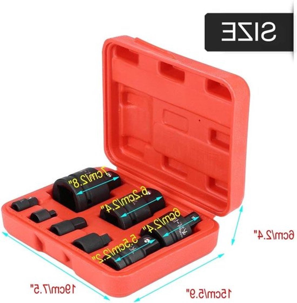 8-delige Set van Impact Socket Converter Adapters voor 1/4", 3/8", 1/2", 3/4" en 1" met Rood Kunststof Opbergdoos - Universele Verbindingsoplossingen voor Gereedschap