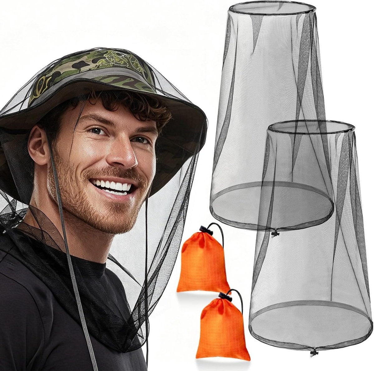 2-pack - Klamboe-hoofdnet - Hoofdnet tegen muggen en bijen - Gezichtsbescherming - Voorkomt insectenbeten - Inclusief opbergzak - Geschikt voor wandelen, kamperen, vissen, tuinieren en andere buitenactiviteiten - 46 x 46 cm - Zwart