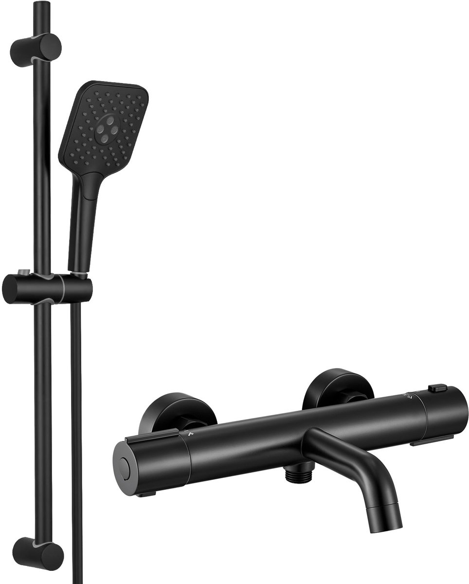 Auralum Max Doucheset - Thermostatische Badkraan - 70 Glijstang Doucheset - Doucheslang en 3 Standen handdouche - 15 cm Hartafstand - Thermostaatkraan - Waterbesparend - Met CoolTouch Technologie - Zwart