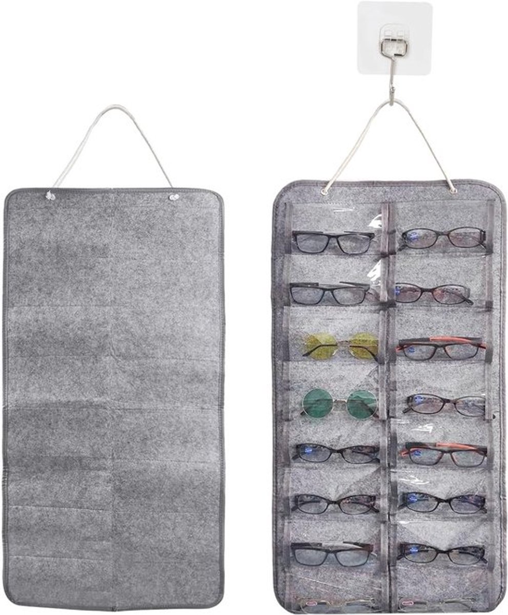 Opvouwbare brillenorganizer met 16 vakken, wandhouder van vilt voor zonnebrillen en accessoires, ideaal voor thuis en op reis, grijs