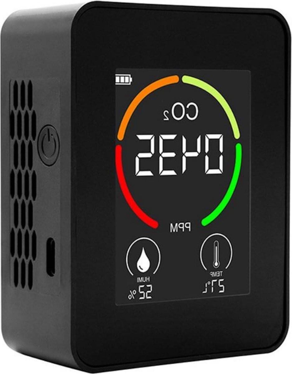 Luchtkwaliteit Meter - CO2 Sensor Thermometer - Gezonde Leefruimte - 3-in-1 Functie - 400-5000ppm - Zwart