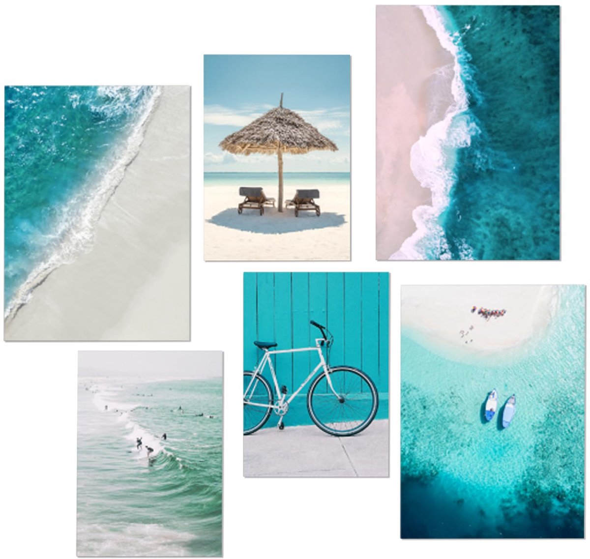 SnelShoppen - 6 Moderne Wandprintset Zee Strand Posters - Muurdecoratie voor Woonkamer en Slaapkamer - Moderne Wandafbeeldingen zonder Lijst - Perfect