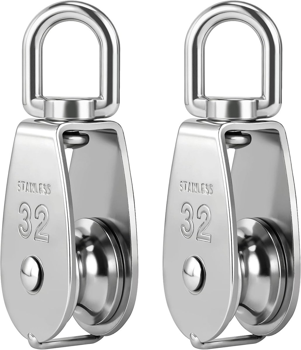 Set van 2 draaibare pulley rollers van 304 roestvrij staal, voor touwen en kabels tot 250 kg belastbaarheid