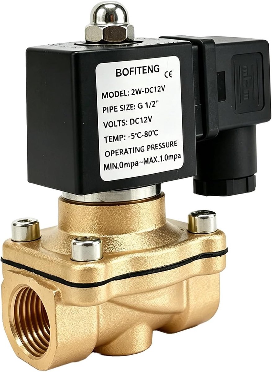 Magneetventiel 12 V DC G1/2 inch messing, normaal gesloten NC, waterinlaat 0-10 bar, ideaal voor water- en luchtverdeling