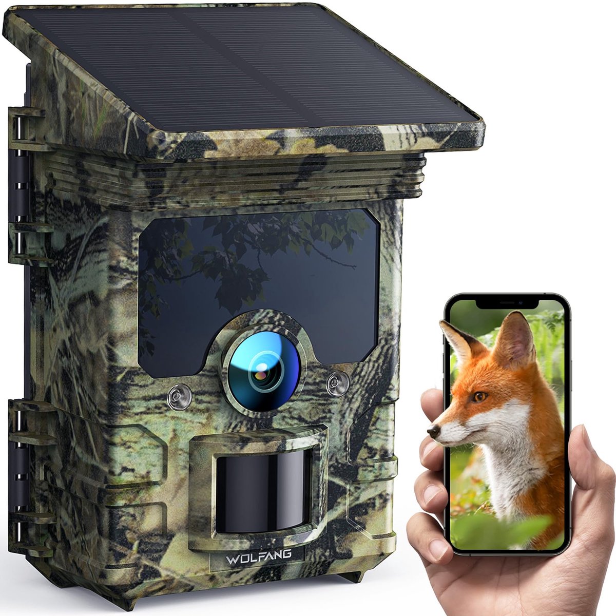 SnelShoppen - Wildlife Camera 4K 68MP - WiFi Bluetooth Solar Trail Camera met Nachtzicht, 0.1s Trigger Time, 5200mAh Lithiumbatterij voor Dierenobserv
