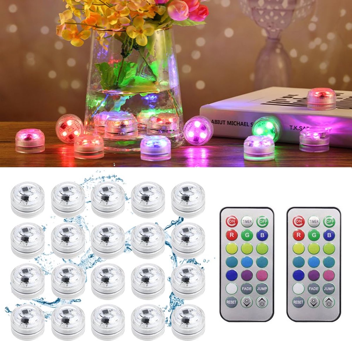 SnelShoppen - 20 stuks RGB mini onderwaterverlichting, IP68 waterdichte LED vijververlichting met 13 kleuren, 2 afstandsbedieningen, perfect voor Hall