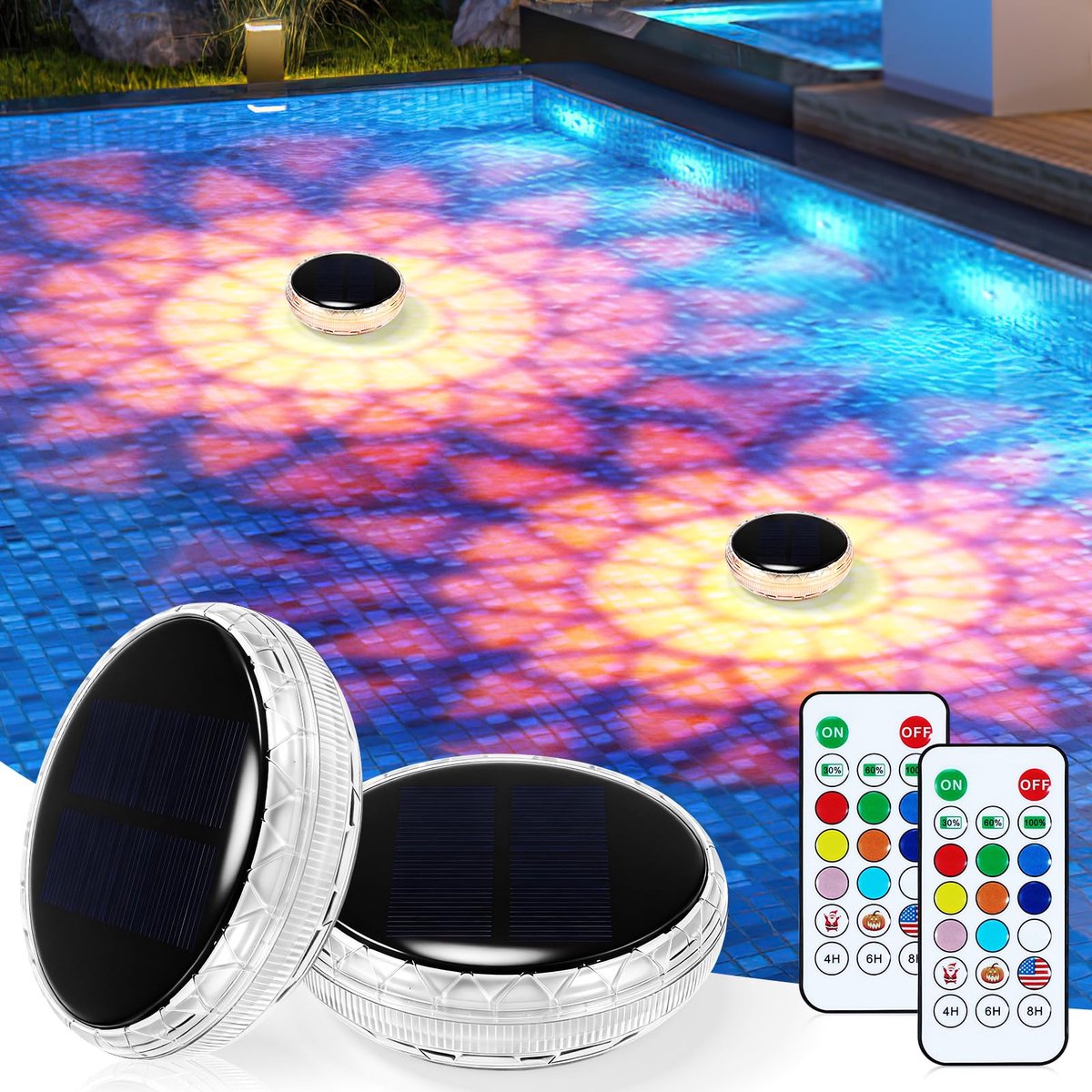 SnelShoppen - Zonne-Energie Drijvende Zwembadverlichting, 2 Stuks Oplaadbare Zwembadlampen met Afstandsbediening, 9 Kleuren en 3 RGB Modi voor Zwembad