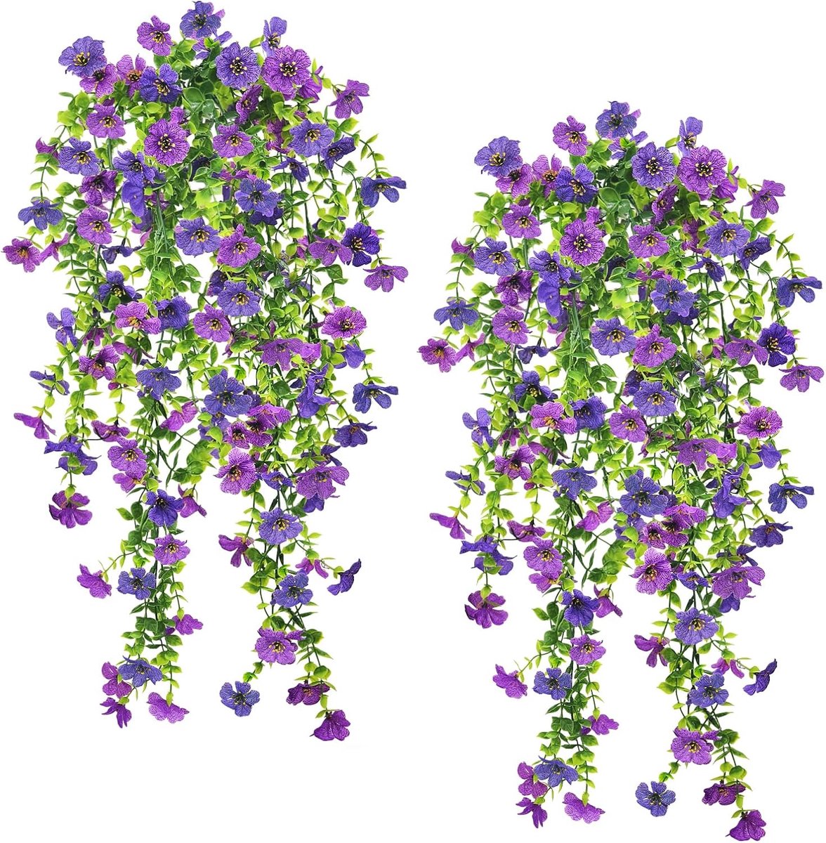 SnelShoppen - 4 stuks hangplanten kunstbloemen 75 cm in paars en wit, weerbestendige bloemenhangers voor buiten, terras, balkon, net als echte zijden