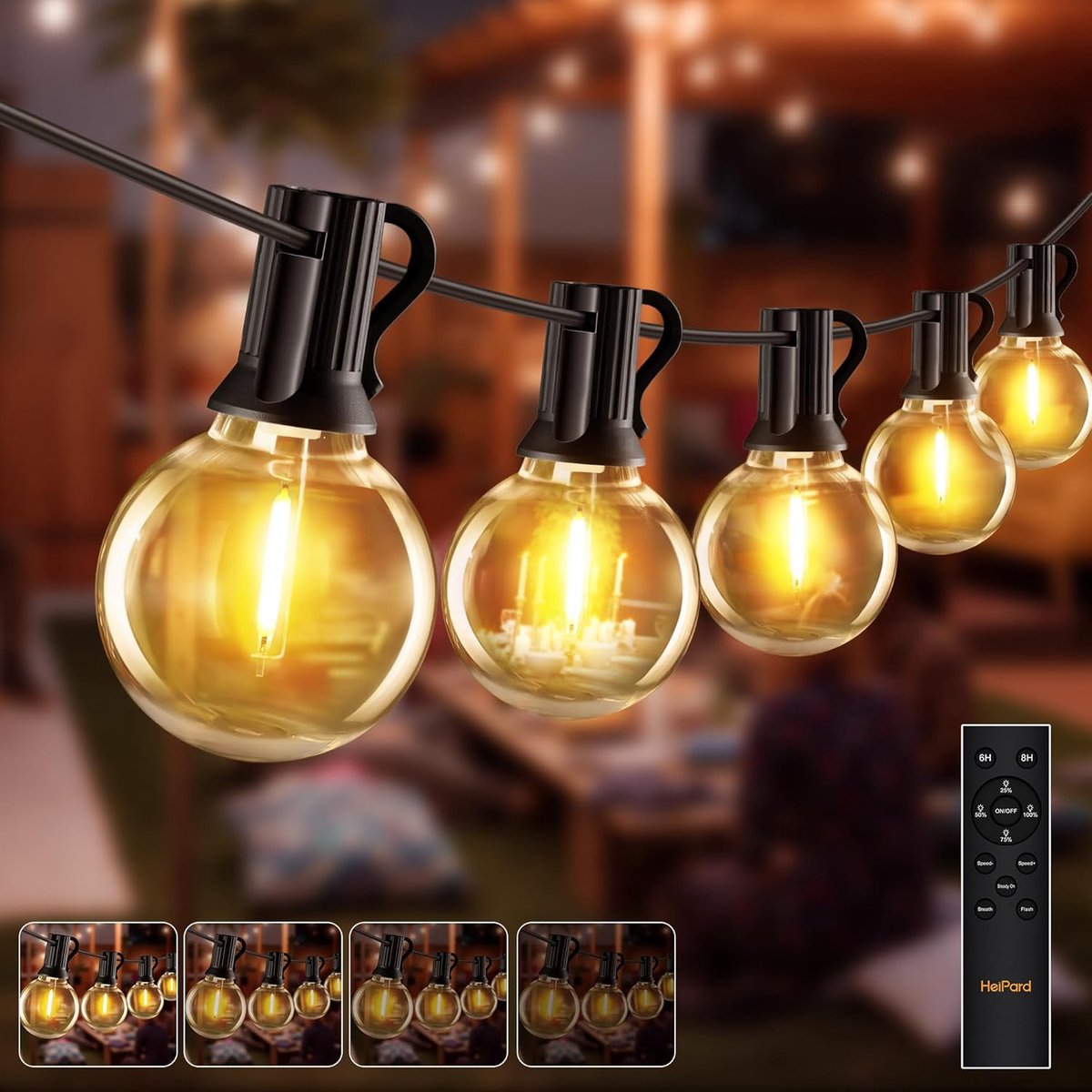SnelShoppen - Lichtsnoer voor buiten, LED, dimbaar, 15 m met 25 + 2 G40 gloeilampen, waterdichte lichtketting IP45 voor paviljoen, terras, balkon, bru