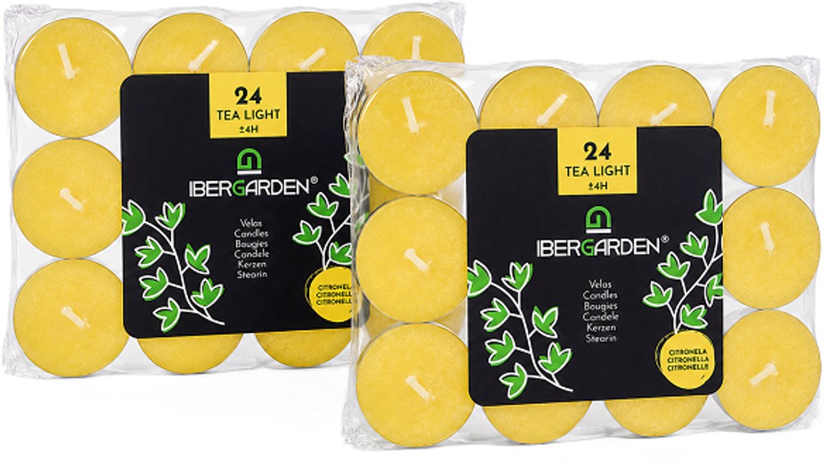 Ibergarden - citronella - waxinelichtjes / theelichtjes - muggen - 2 x 24 stuks – 48 theelichtjes – brandduur ca. 4 uur – voor binnen en buiten