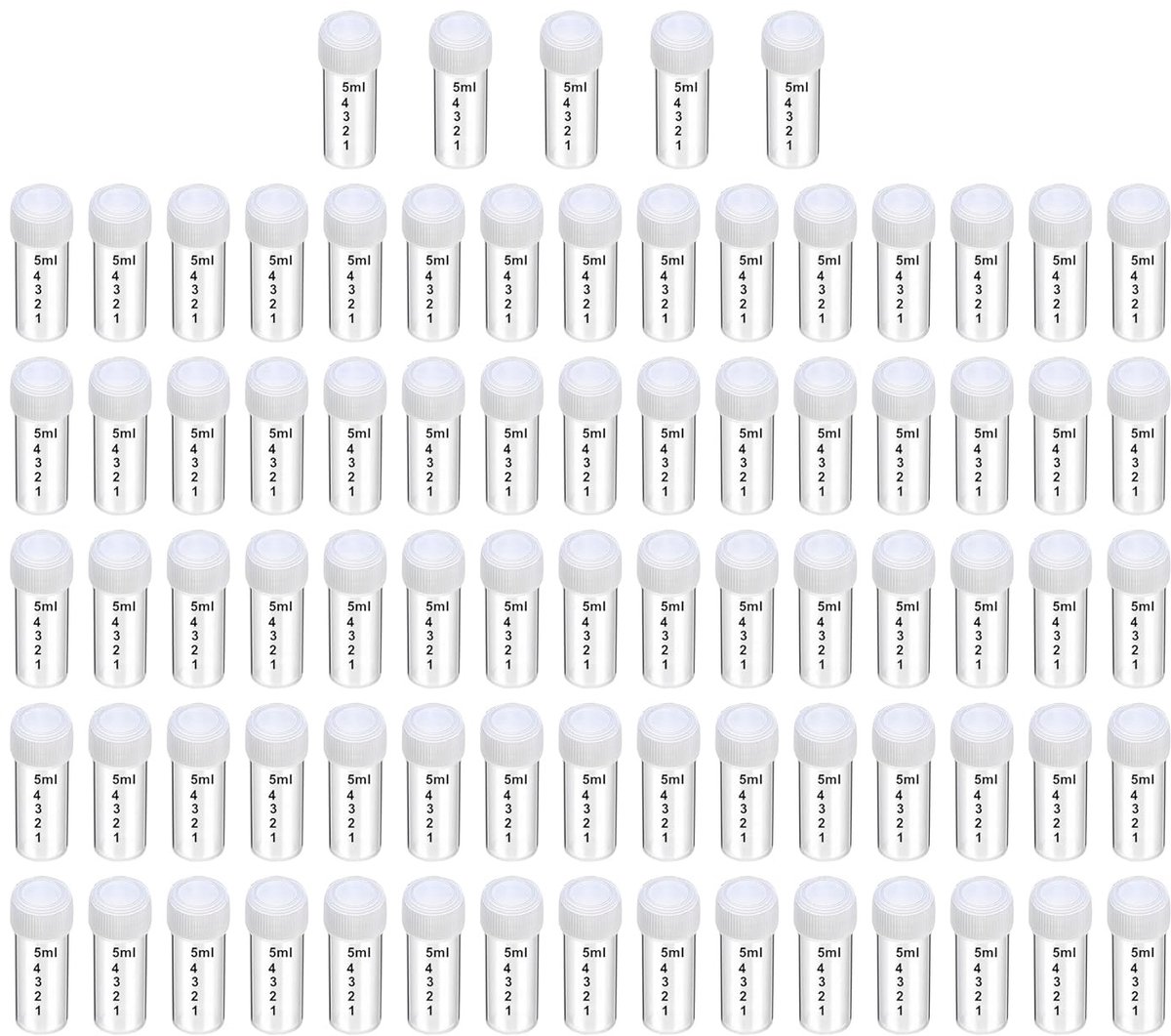 Pack van 80 testbuizen 5 ml, transparante laboratoriumtubes met afgedekte deksels en maatstreepjes