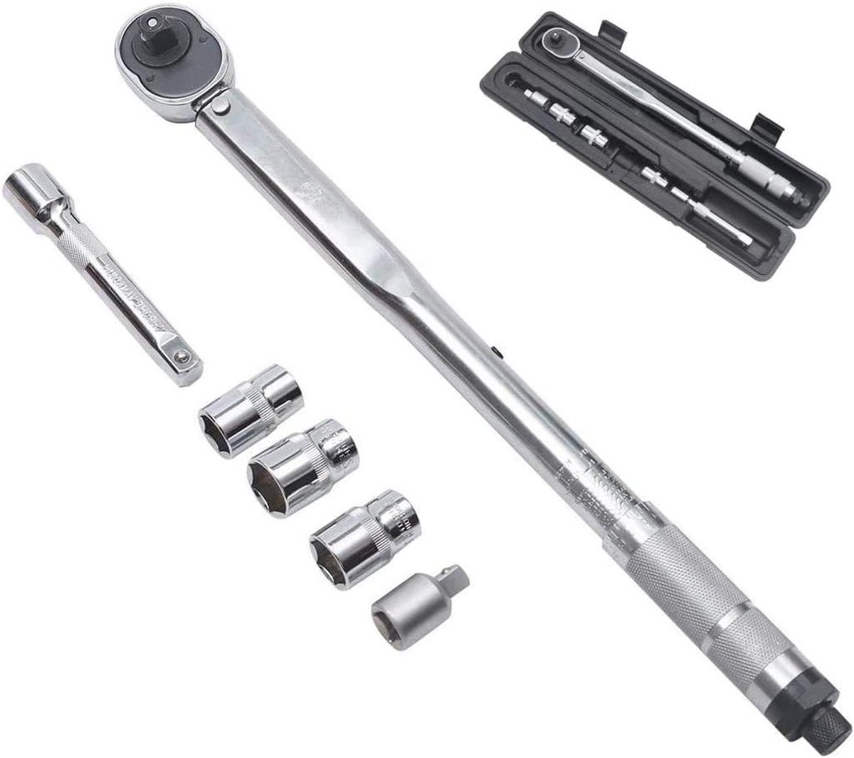 Momentsleutel 28-210Nm met Verlengstang en Sockets 17, 19, 21mm