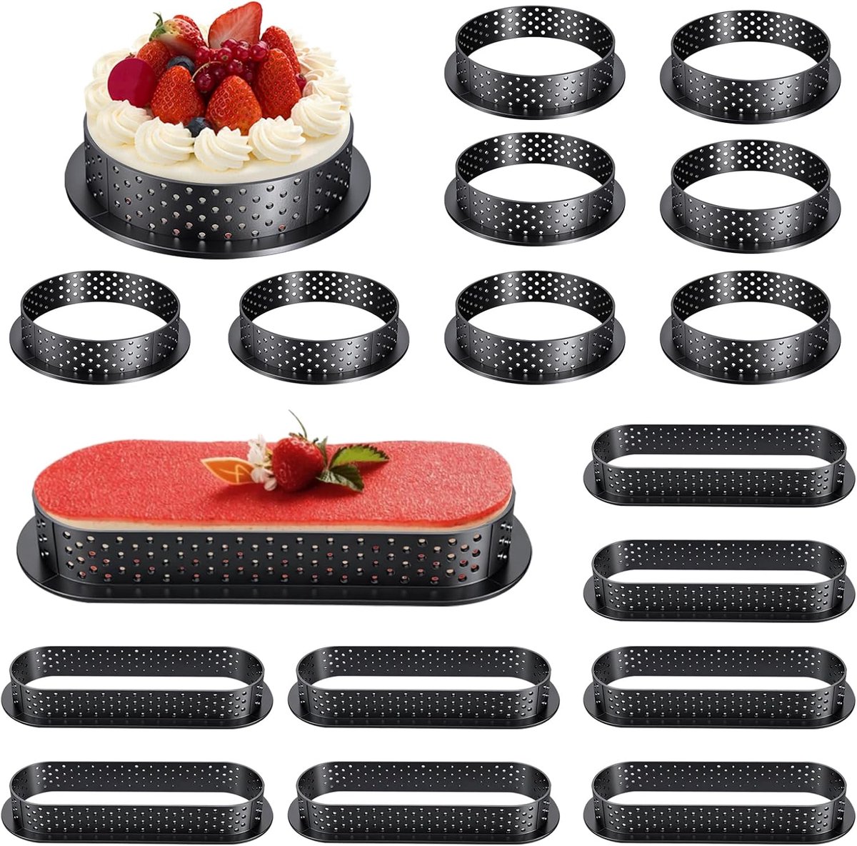 SnelShoppen - 16 stuks Taartvormen met Ventilatiegaten | Ovale en Ronde Bakvormen voor Mousse, Geperforeerde Doe-Het-Zelf Taartdecoratie, Ideaal voor